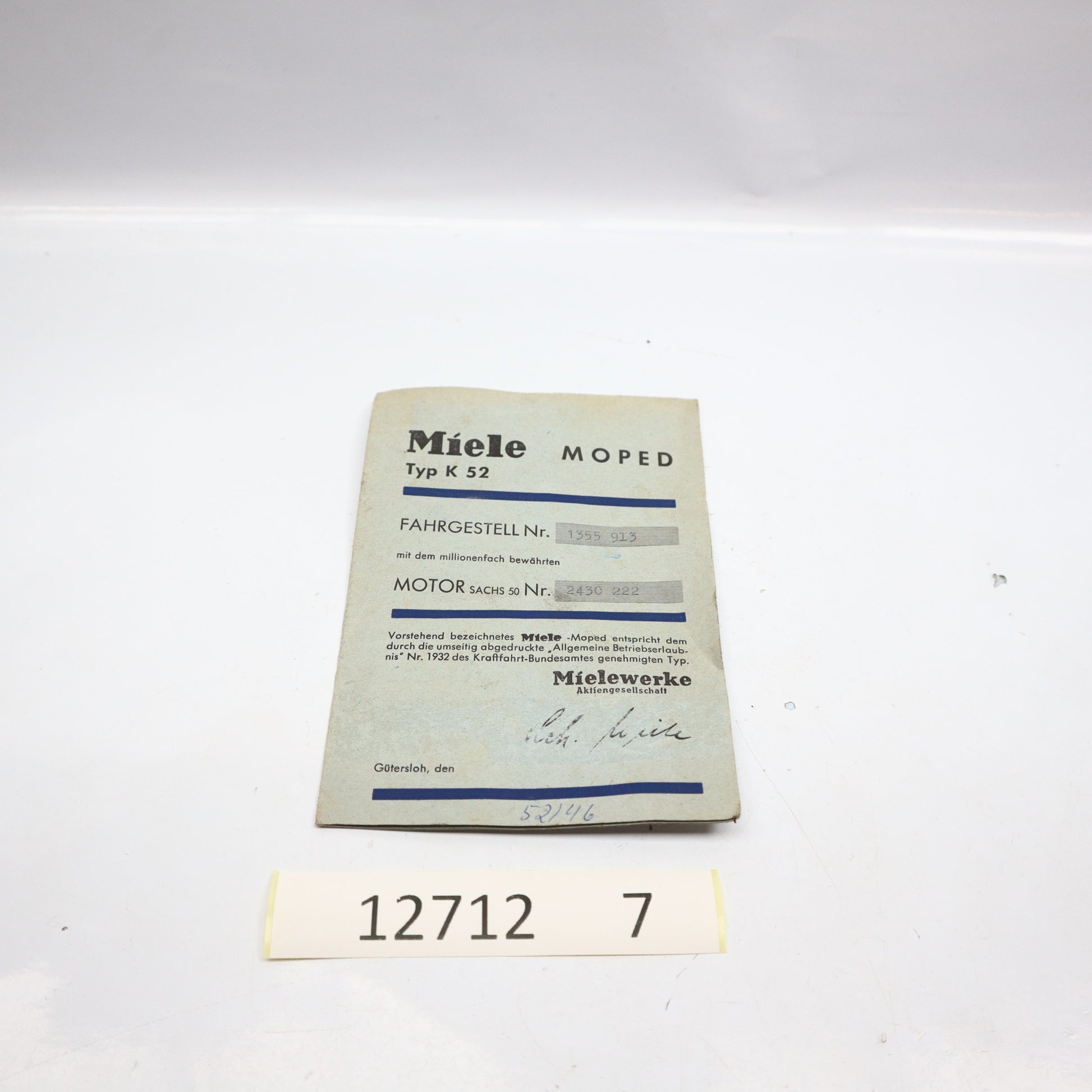 Miele K 52 Papiere Betriebserlaubnis